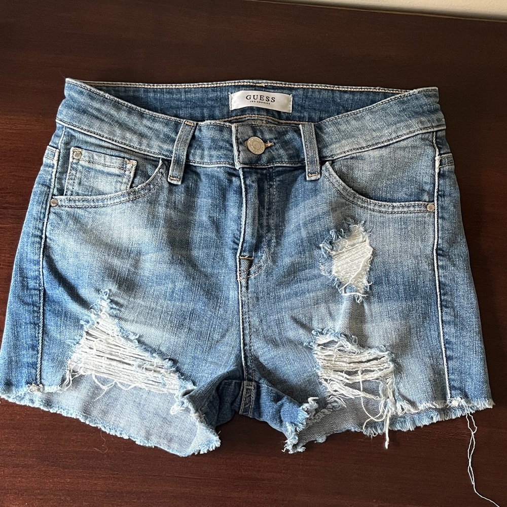 Guess Women's Distressed Light Blue Jean Shorts